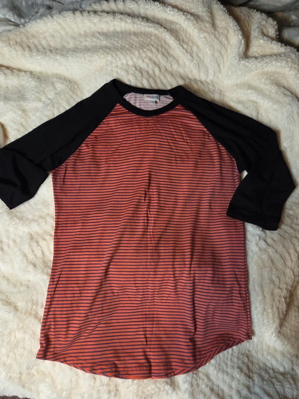 LuLaRoe Long Sleeve Raglan Tee - Coral & Black Stripes